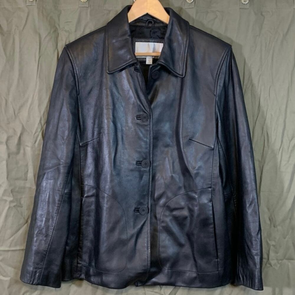 Nine West‎ Women Black Leather Driving Dressy Jacket Coat Lined Button Sz Large